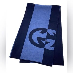 GUCCI Blue Interlock Logo Wool Scarf